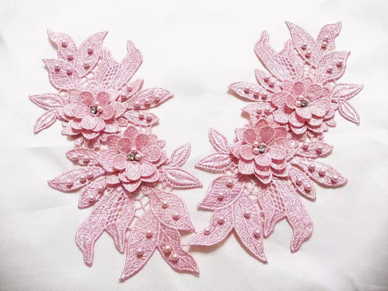 Ruinuo 3D Lace Beads Flower Applique Patches Sew on Patches Embroidery Appliques Rhinestone Sewing Wedding Dress Collar Decor Pink - Image 1